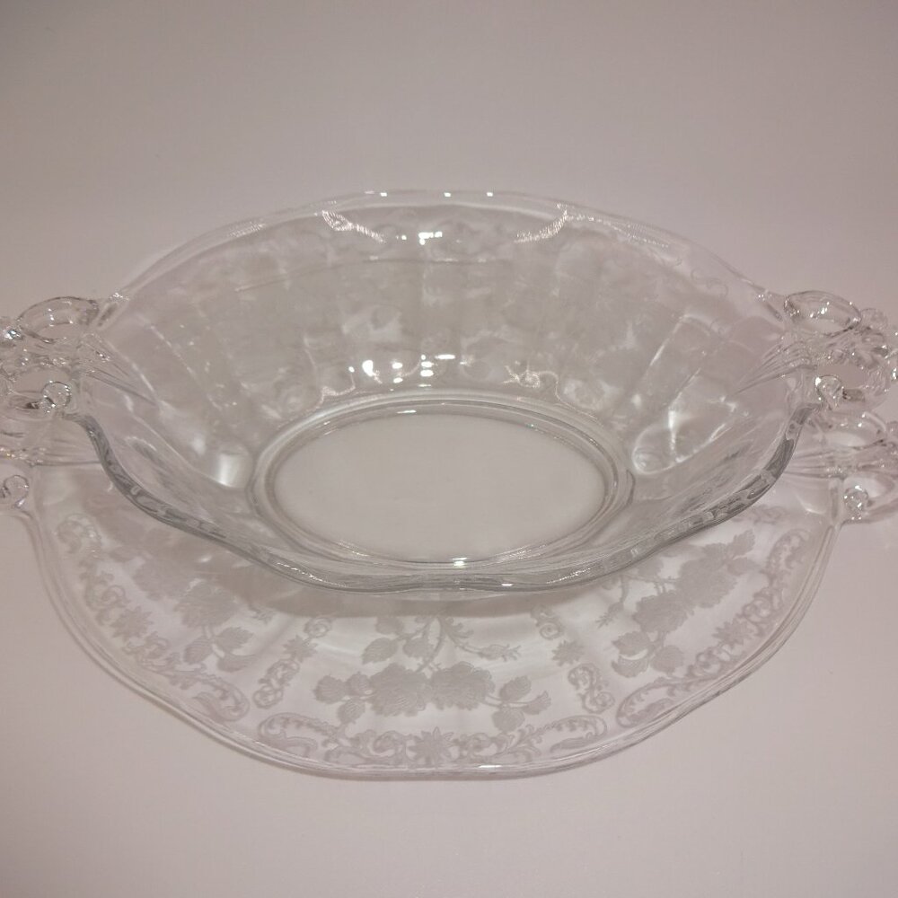 Vintage Fostoria Midnight Rose Clear Glass Etched Sauce Boat & Underplate Gravy